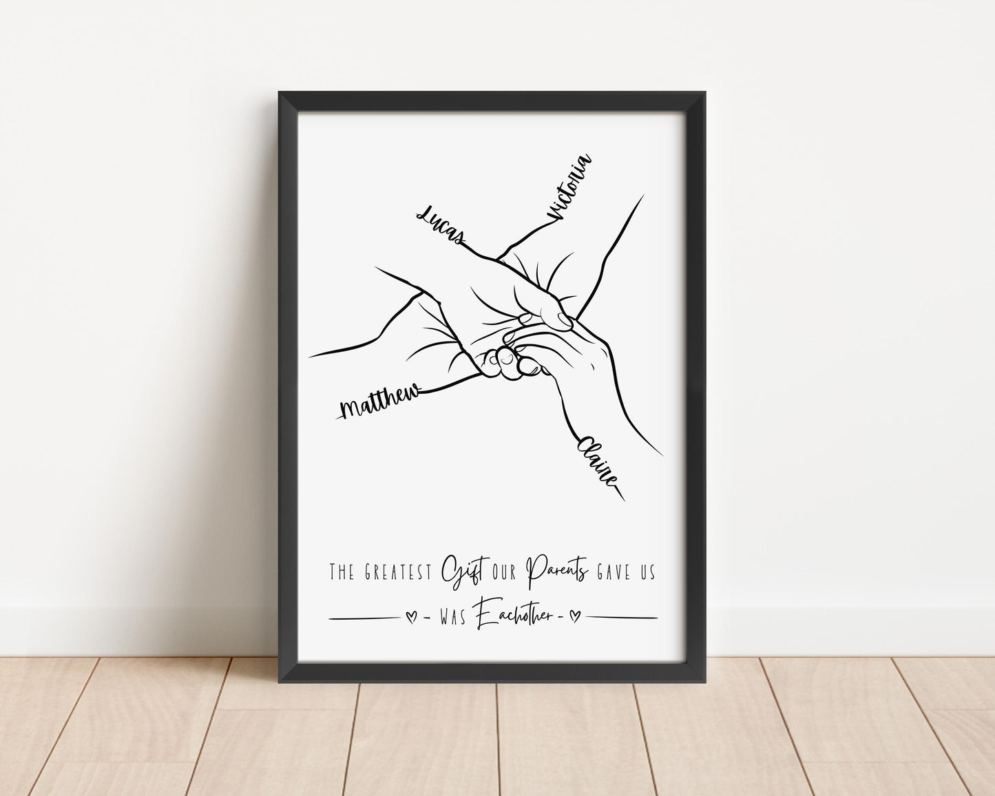 Line art drawing of two sibling hands, each with a name written on the palm. Beneath the hands is a quote that reads, &quot;The greatest gift our parents gave us was each other.&quot;