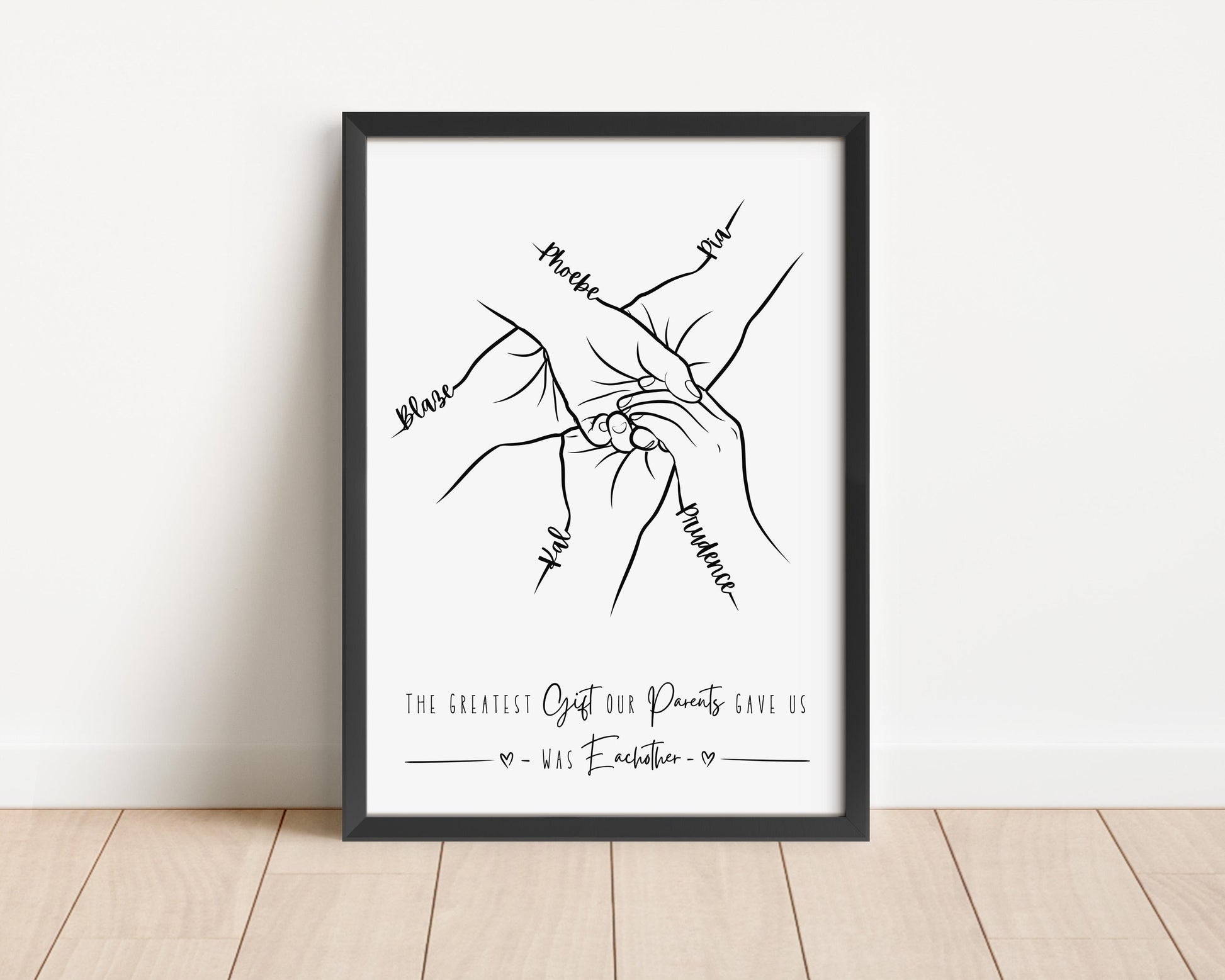 Line art drawing of two sibling hands, each with a name written on the palm. Beneath the hands is a quote that reads, "The greatest gift our parents gave us was each other."