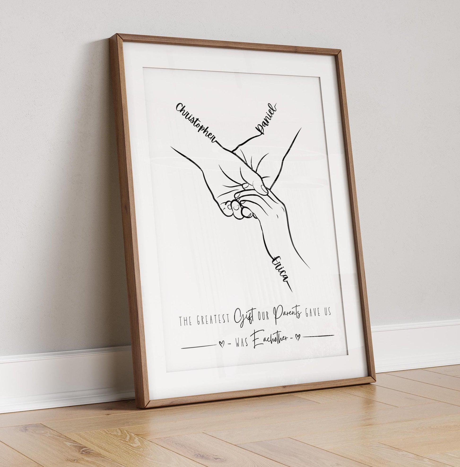 Line art drawing of two sibling hands, each with a name written on the palm. Beneath the hands is a quote that reads, "The greatest gift our parents gave us was each other."