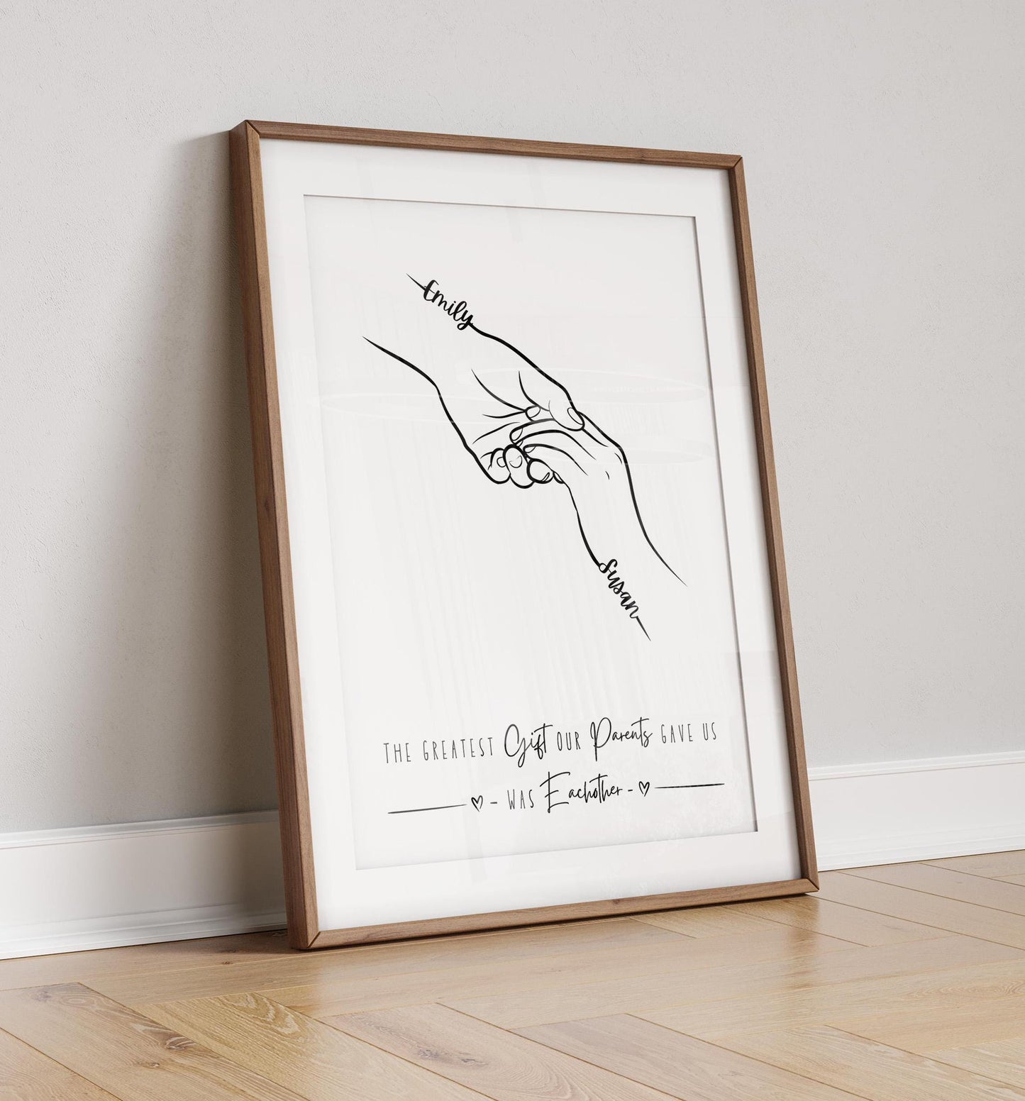 Line art drawing of two sibling hands, each with a name written on the palm. Beneath the hands is a quote that reads, "The greatest gift our parents gave us was each other."