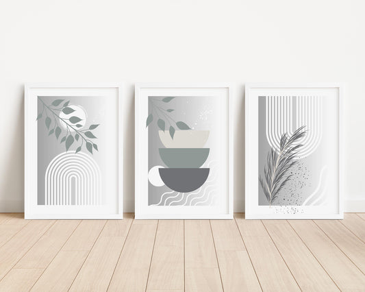 Grey Boho Wall Prints Set, Abstract Botanical Home Decor