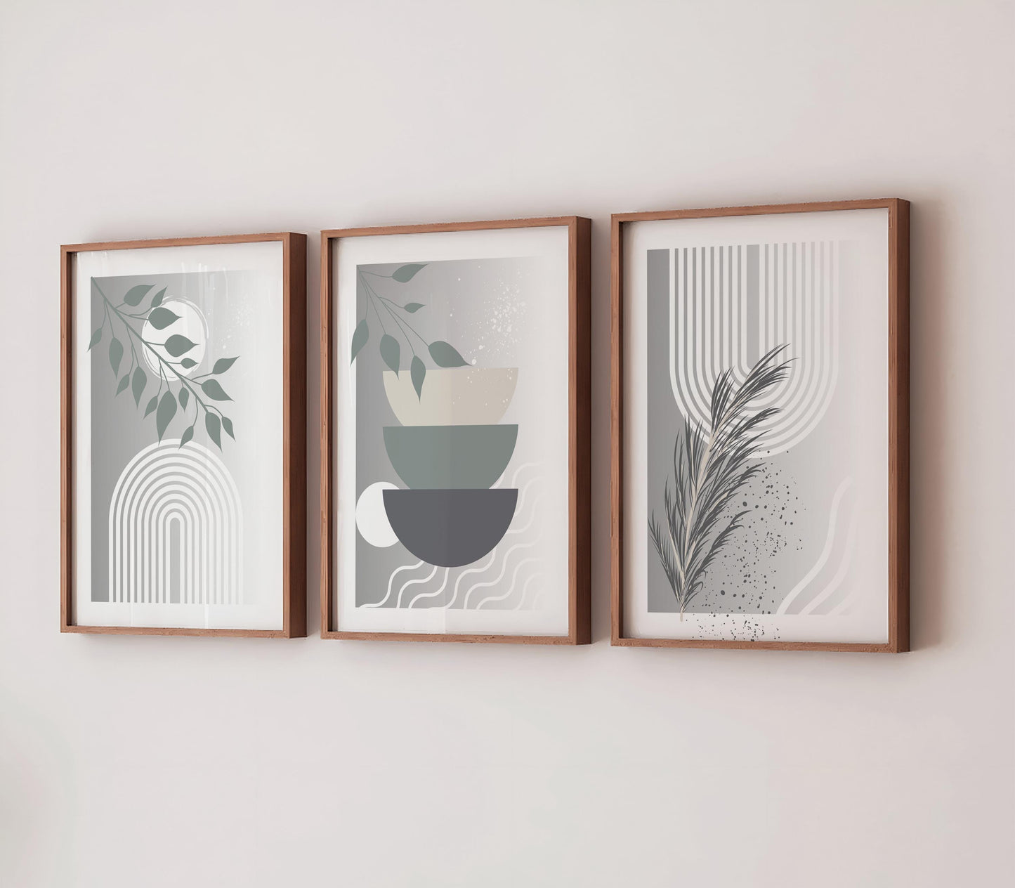 Grey Boho Wall Prints Set, Abstract Botanical Home Decor