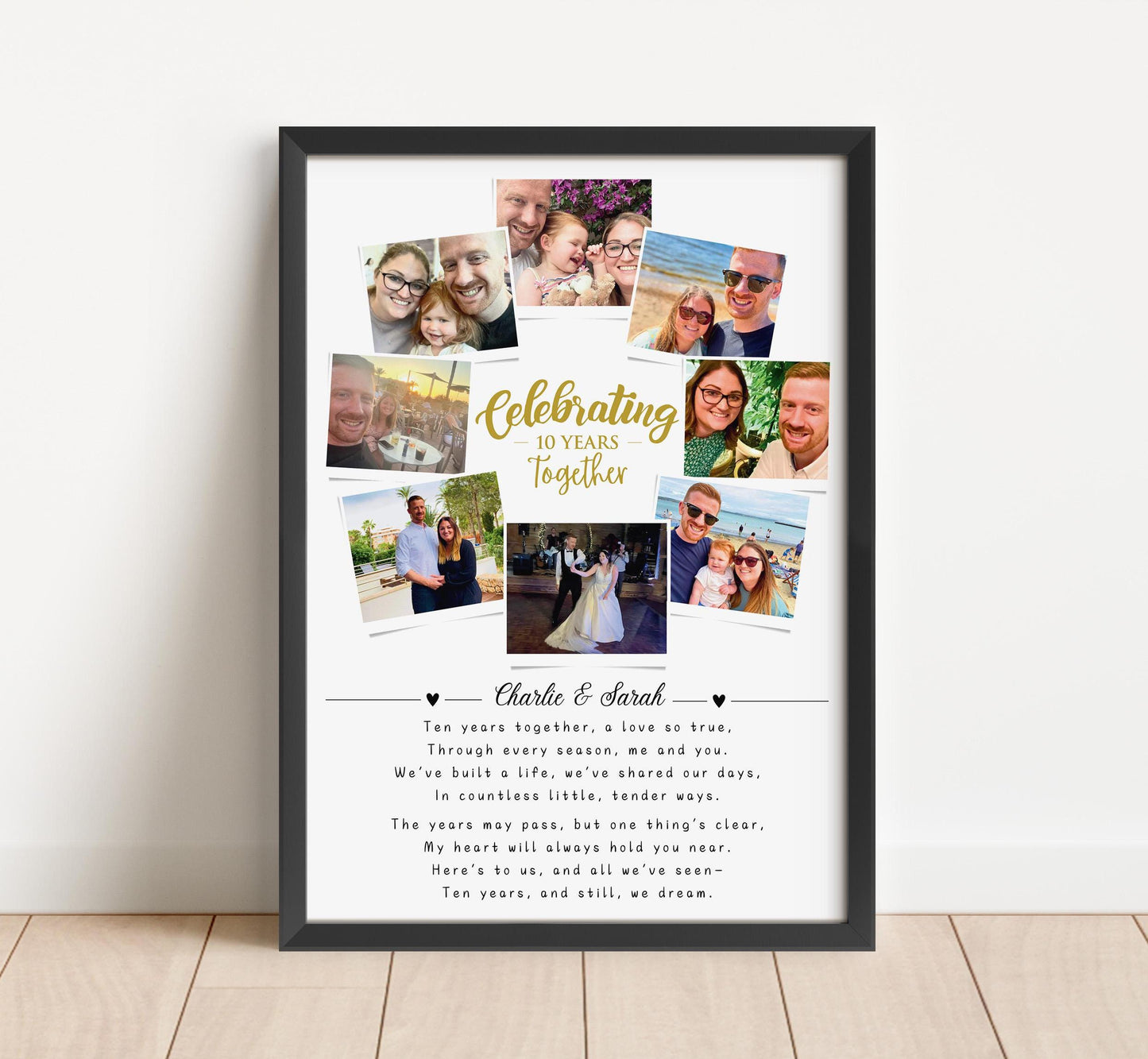 10th Anniversary print featuring 8 photos with a heartfelt quote and the first names of the couple above the quote.