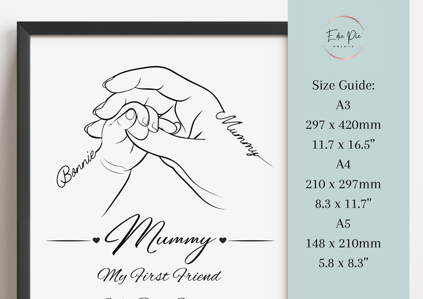 Custom Mummy and Baby Line Art Print, Personalised Mother's Day Gift, Mum First Best Friend Quote, New Mummy Birthday Gift, Baby Hand Decor
