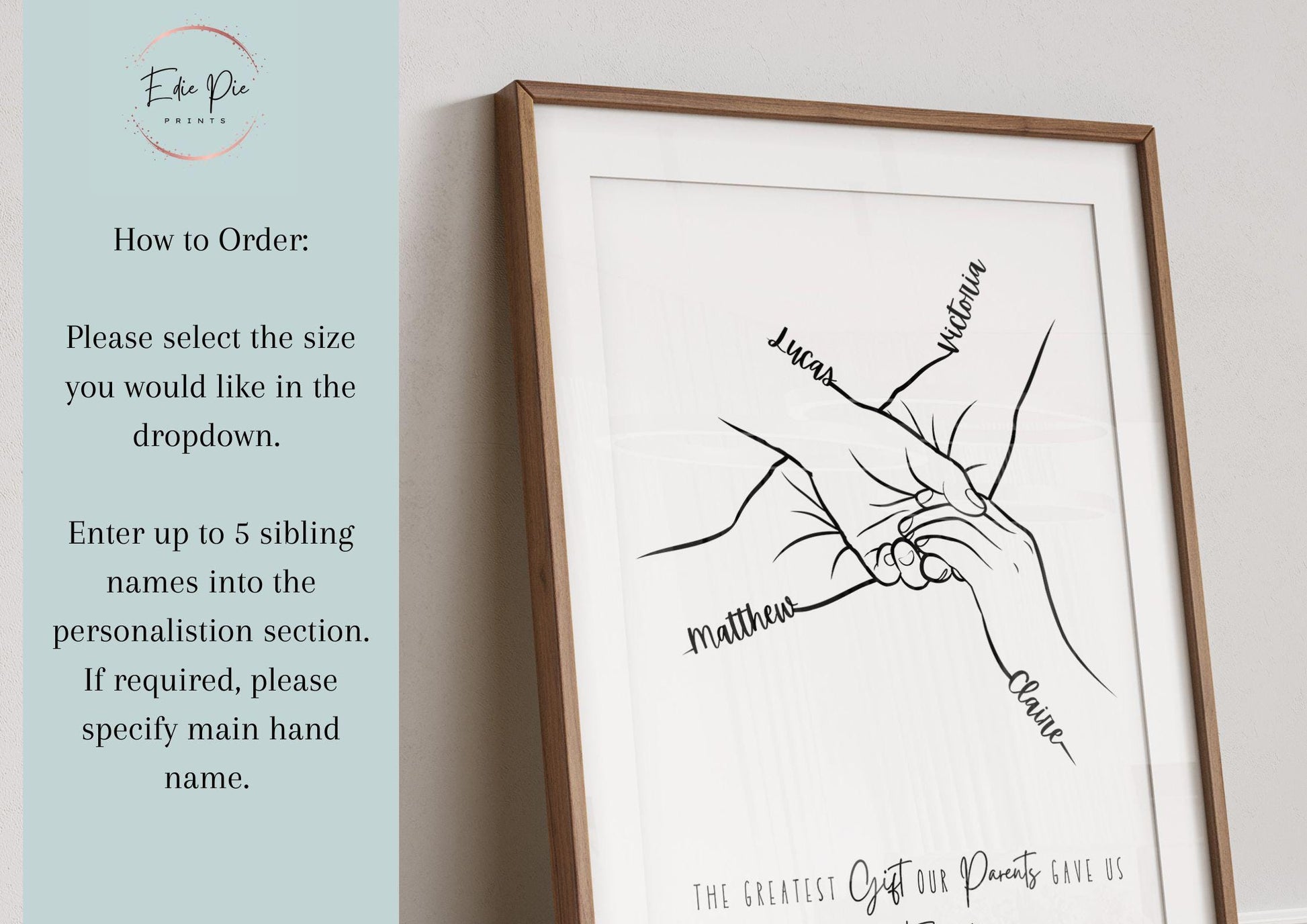 Personalised Sibling Hands Print: Minimalist Family Line Art, Sister Framed Poster
