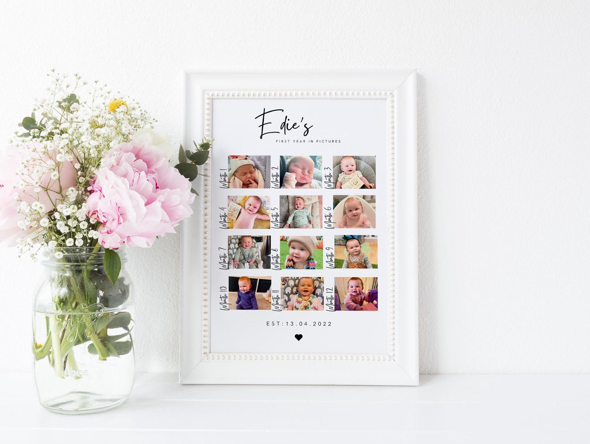 Custom First Year in Pictures Print – A beautiful collage featuring 12 photos, each representing a month of your child&#39;s first year. The months are labeled on each side, with your child&#39;s name displayed at the top.