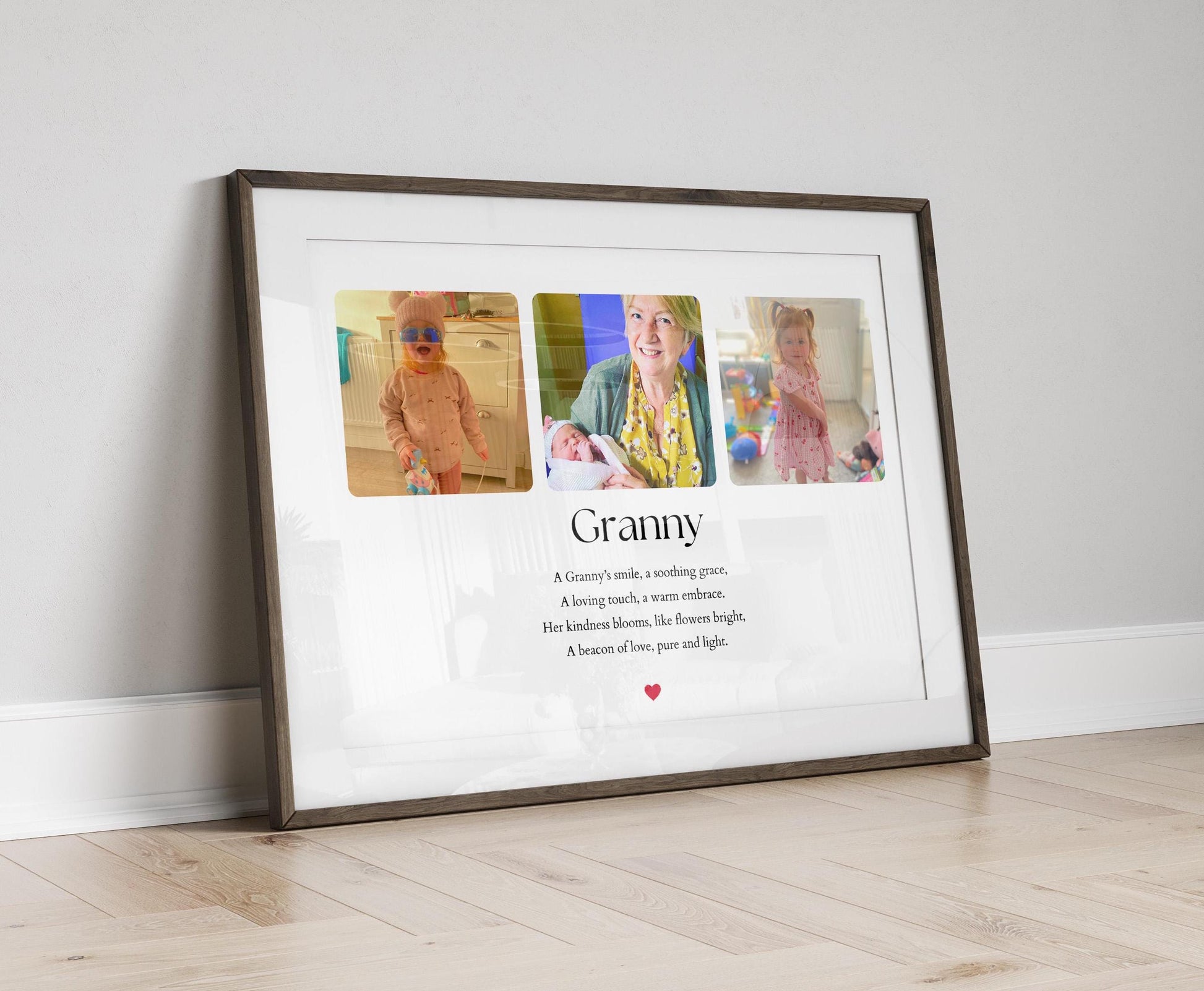 A Nana print featuring three photos. The image includes a heartfelt quote that reads: &quot;A Nana’s smile, a soothing grace, A loving touch, a warm embrace. Her kindness blooms, like flowers bright, A beacon of love, pure and light.&quot;