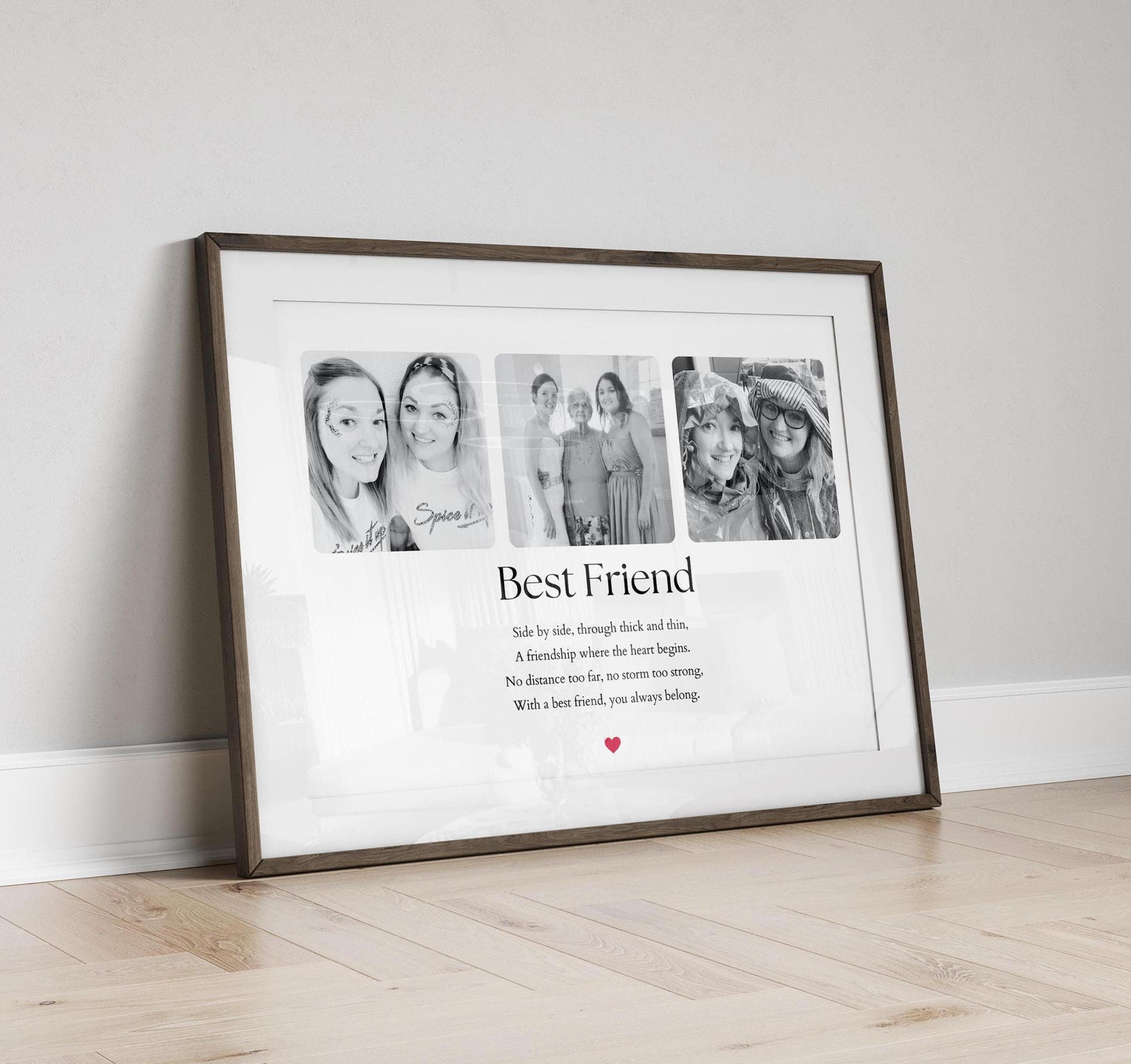 A beautiful print featuring the heartfelt quote: &quot;Side by side, through thick and thin, A friendship where the heart begins. No distance too far, no storm too strong, With a best friend, you always belong.&quot; Perfect for celebrating friendship and love