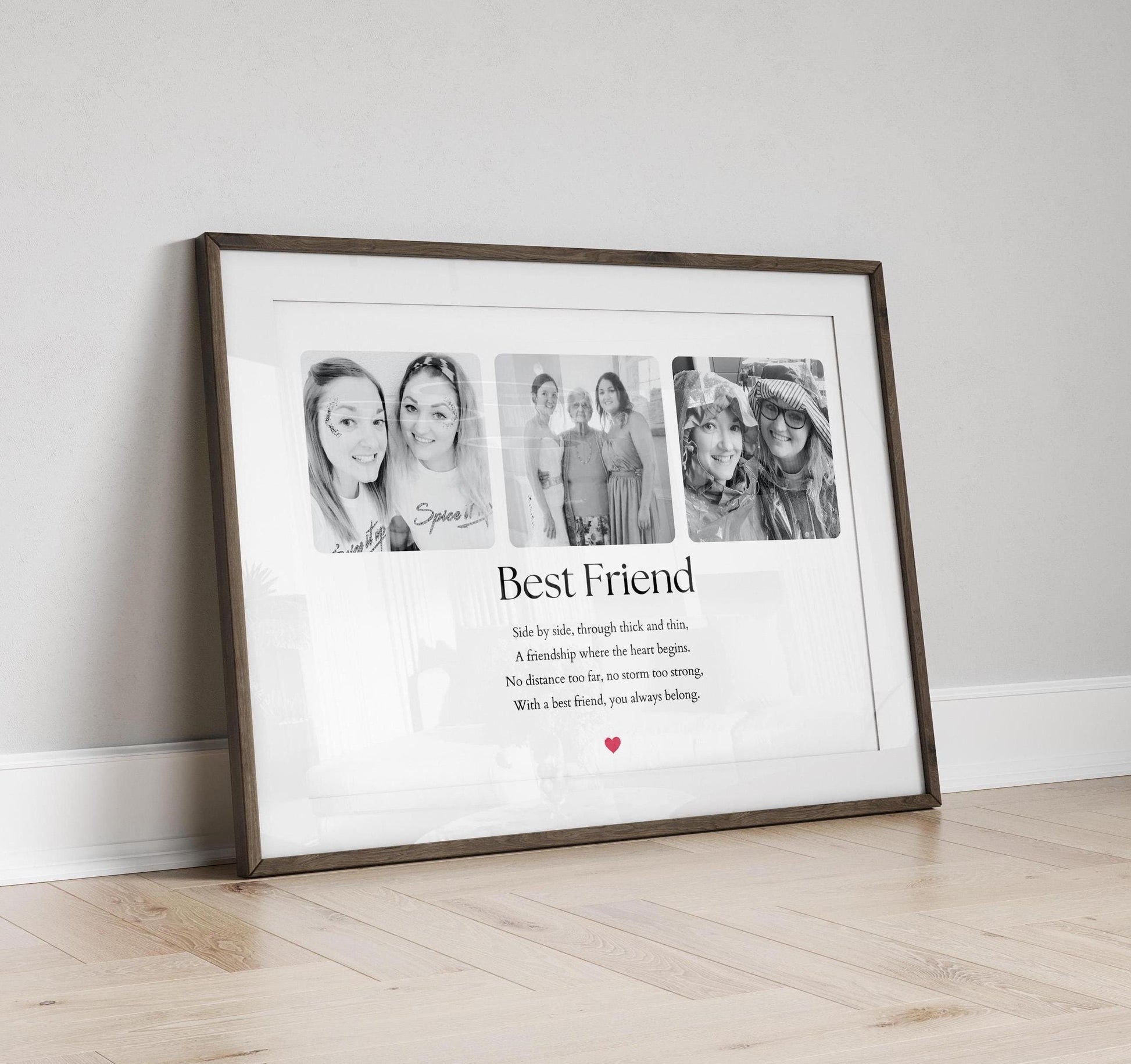 A beautiful print featuring the heartfelt quote: &quot;Side by side, through thick and thin, A friendship where the heart begins. No distance too far, no storm too strong, With a best friend, you always belong.&quot; Perfect for celebrating friendship and love