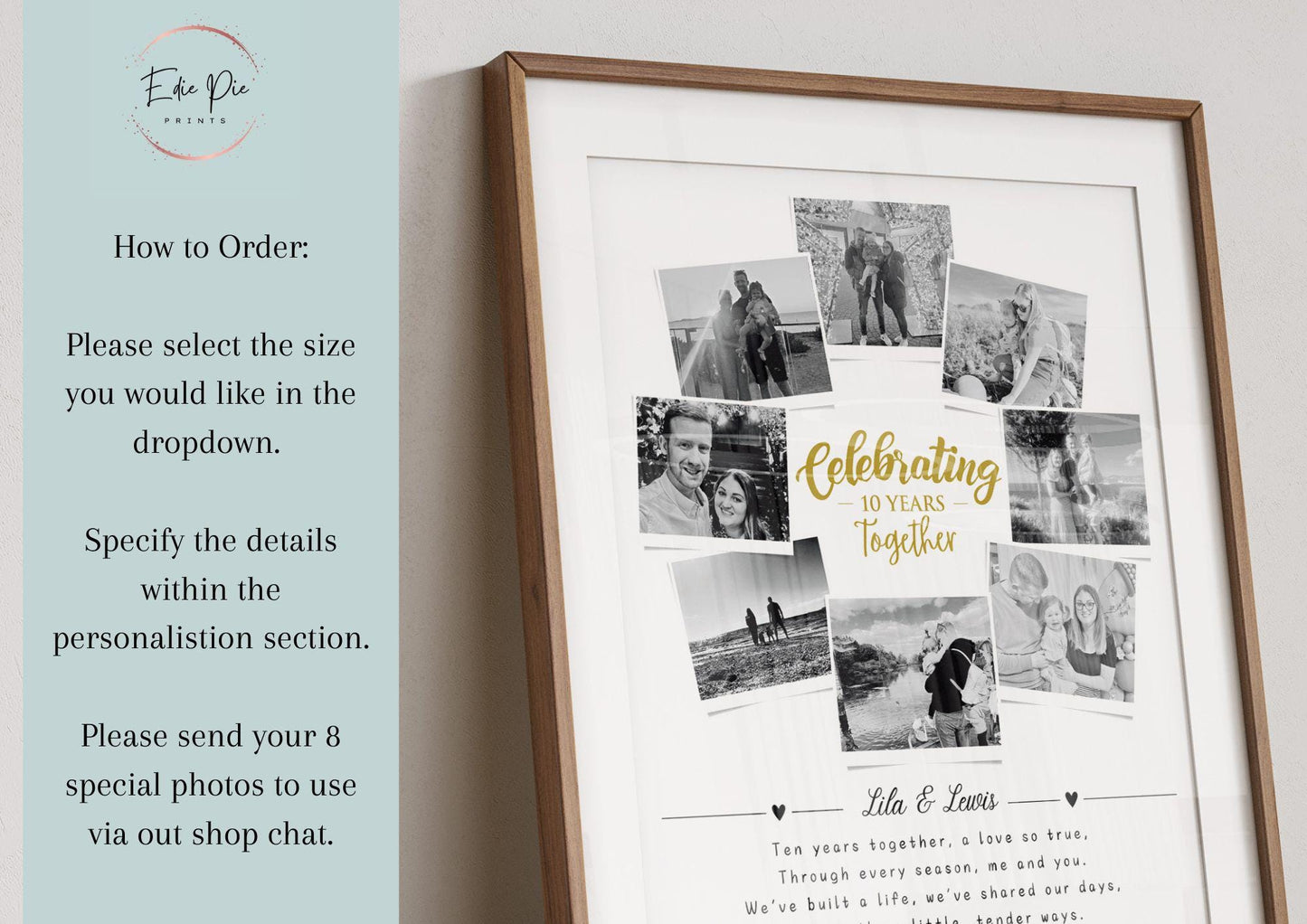 10th Anniversary print featuring 8 photos with a heartfelt quote and the first names of the couple above the quote.