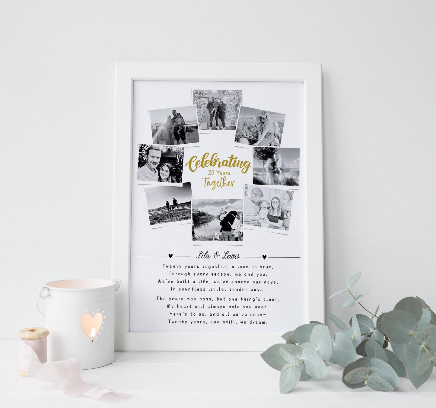 Personalised 20th Wedding Anniversary print featuring 8 photos, couple&#39;s names, and a heartfelt quote. Custom design to celebrate two decades of love, perfect for a memorable anniversary gift.