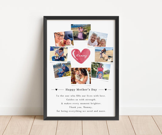This is a framed Mothers Day collage featuring multiple family photos arranged around a central heart graphic that says &quot;Mum.&quot; The design includes a heartfelt message at the bottom that expresses love and gratitude for a mother’s guidance and presence. The frame can be black or white, and the background is white, giving it a clean and elegant look. The collage is placed against a light-colored wall on a wooden floor.