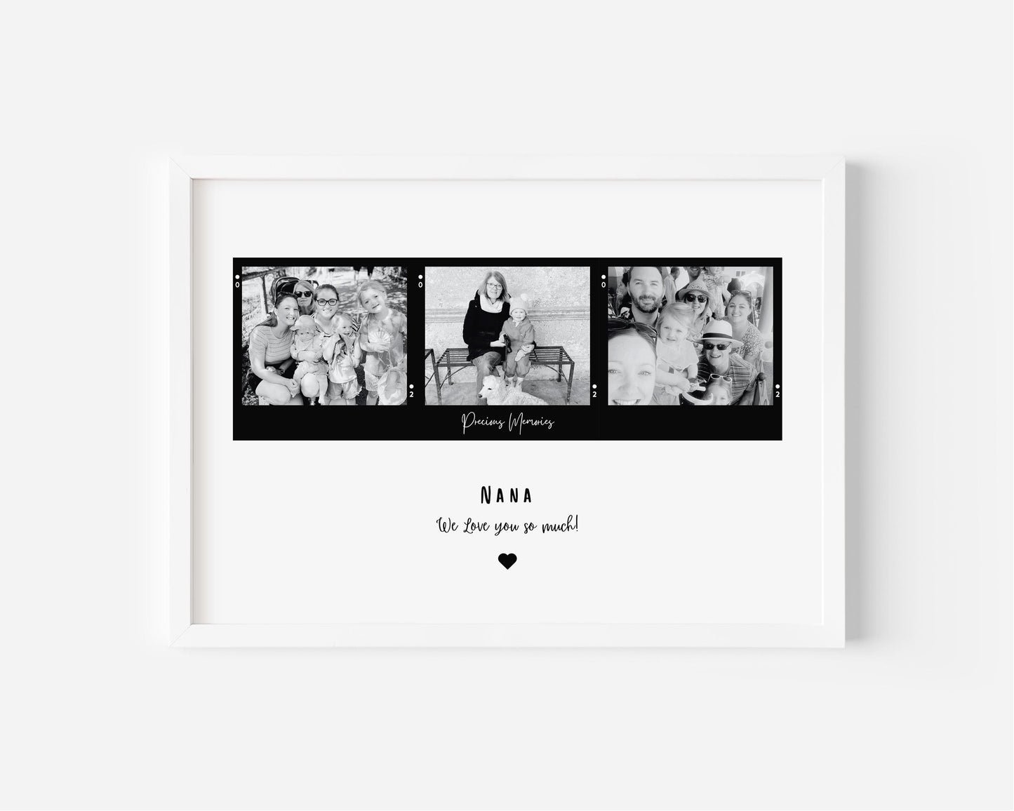 Personalized &#39;Nana&#39; frame with a customizable title, featuring three Polaroid-style photos in color or black and white. Available with an optional black or white frame. A heartfelt quote is displayed underneath, making it a perfect sentimental gift.