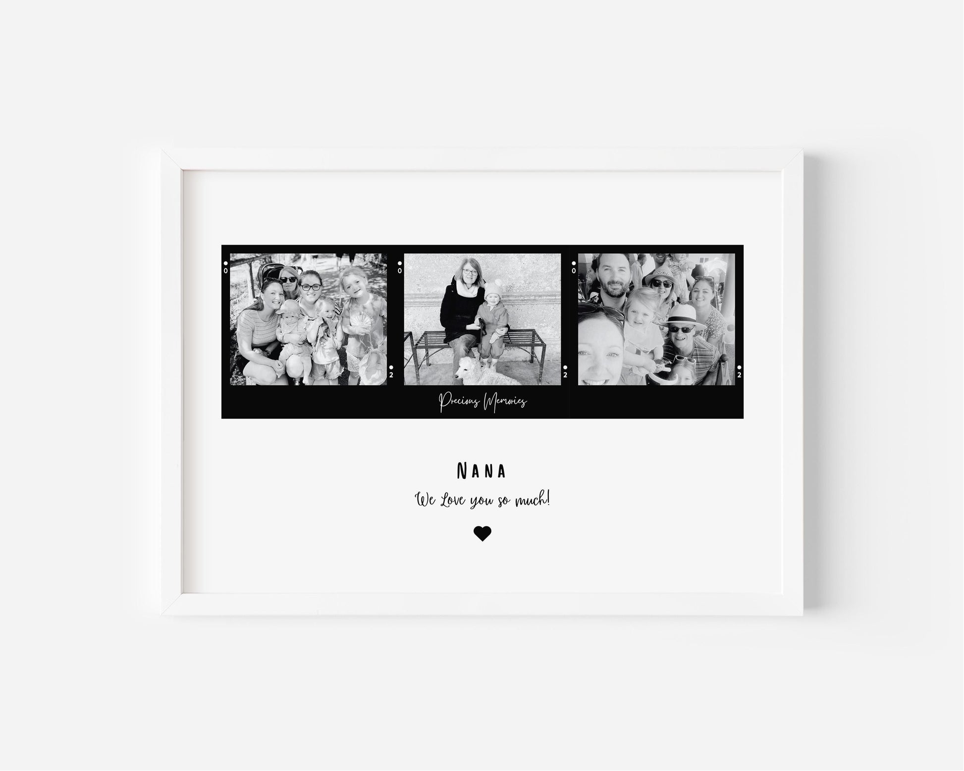 Personalized &#39;Nana&#39; frame with a customizable title, featuring three Polaroid-style photos in color or black and white. Available with an optional black or white frame. A heartfelt quote is displayed underneath, making it a perfect sentimental gift.