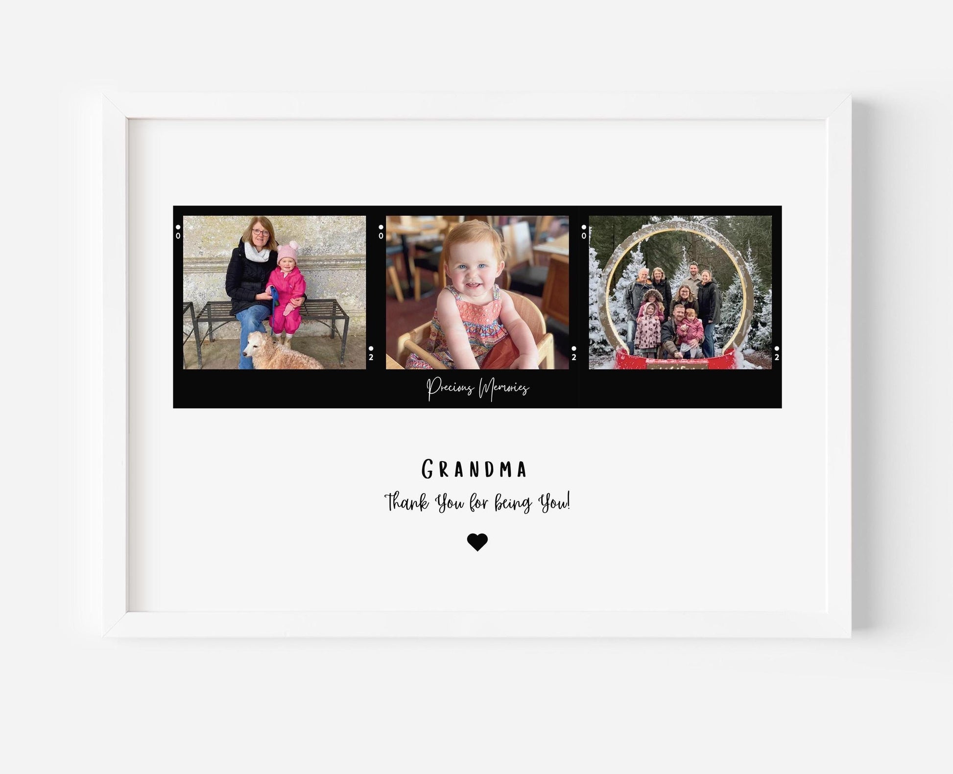 Personalized &#39;Nana&#39; frame with a customizable title, featuring three Polaroid-style photos in color or black and white. Available with an optional black or white frame. A heartfelt quote is displayed underneath, making it a perfect sentimental gift.
