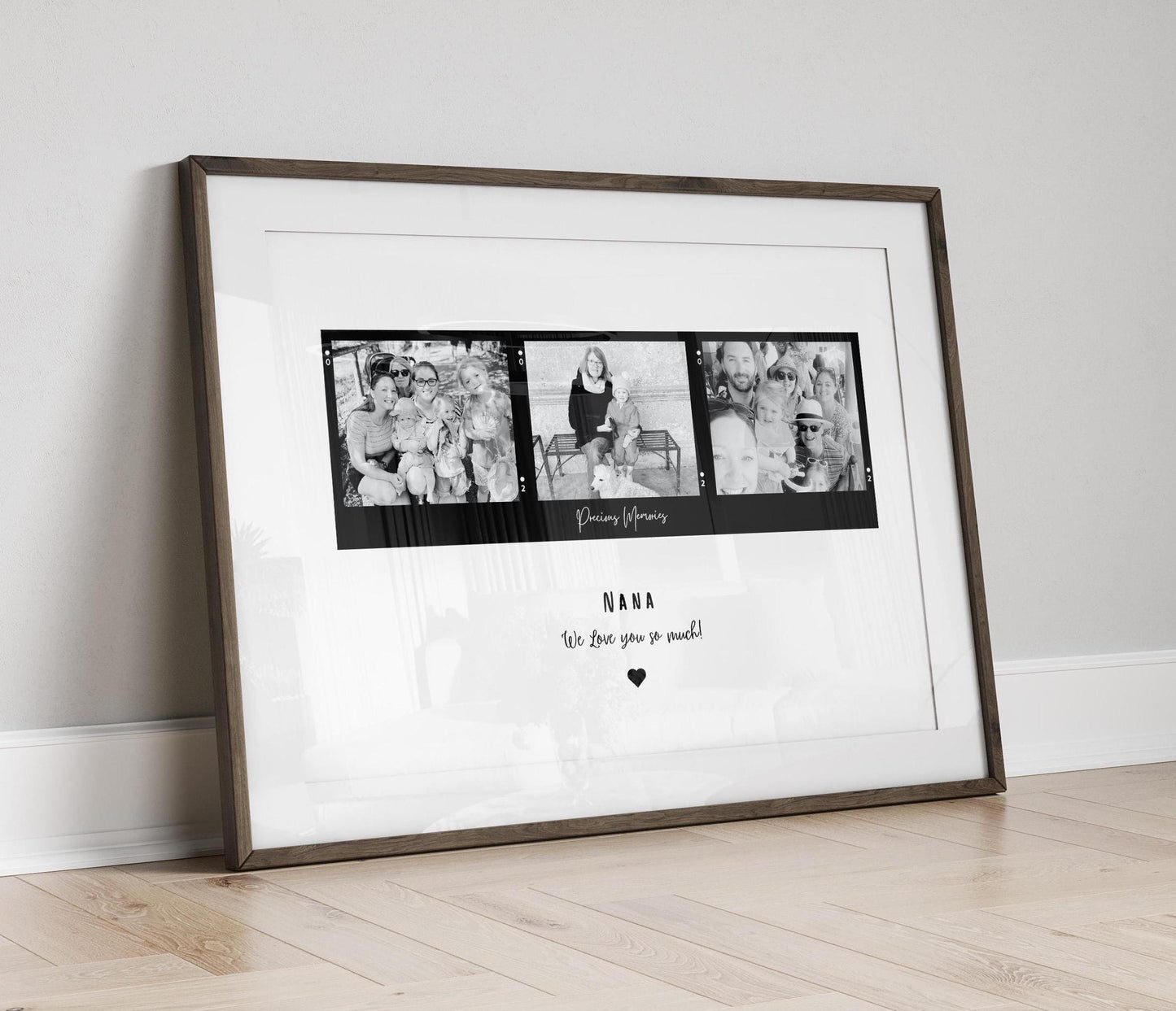 Personalized &#39;Nana&#39; frame with a customizable title, featuring three Polaroid-style photos in color or black and white. Available with an optional black or white frame. A heartfelt quote is displayed underneath, making it a perfect sentimental gift.