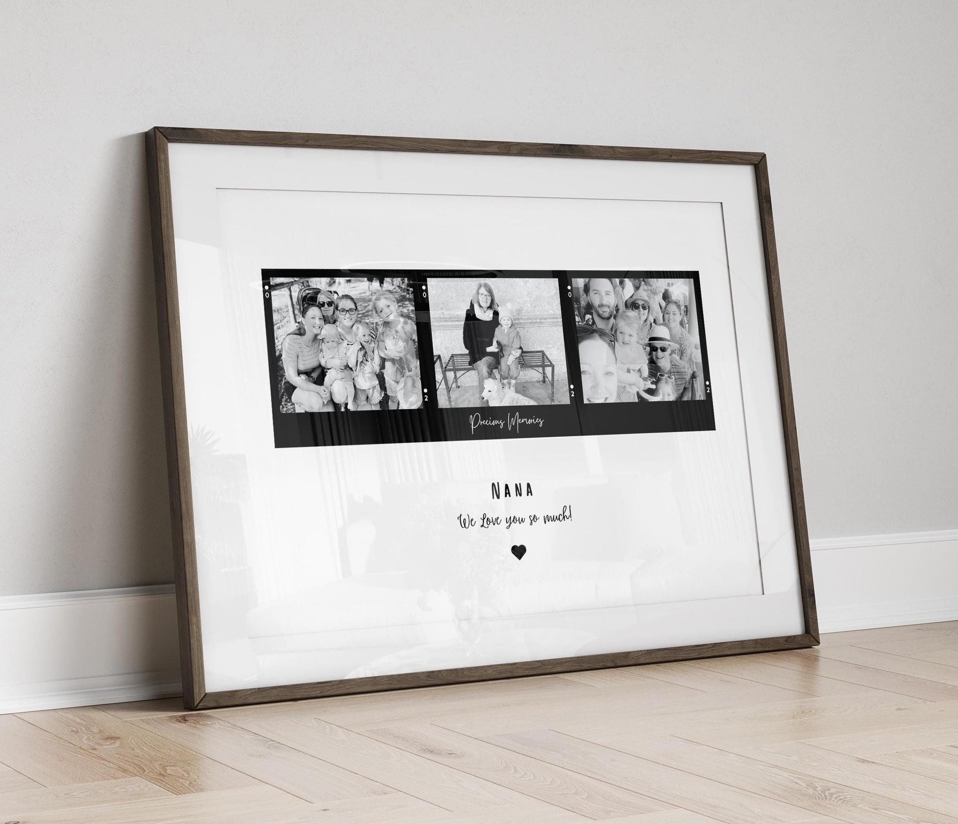 Personalized &#39;Nana&#39; frame with a customizable title, featuring three Polaroid-style photos in color or black and white. Available with an optional black or white frame. A heartfelt quote is displayed underneath, making it a perfect sentimental gift.