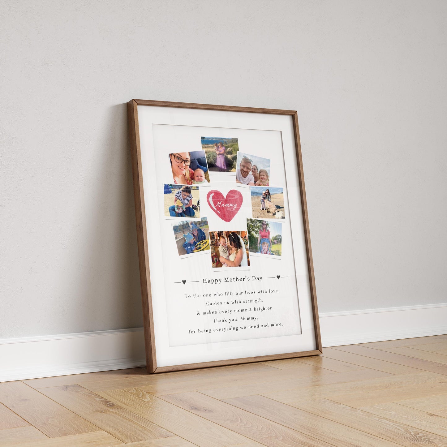 This is a framed Mother&#39;s Day collage featuring multiple family photos arranged around a central heart graphic that says &quot;Mum.&quot; The design includes a heartfelt message at the bottom that expresses love and gratitude for a mother’s guidance and presence. The frame can be black or white, and the background is white, giving it a clean and elegant look. The collage is placed against a light-colored wall on a wooden floor.