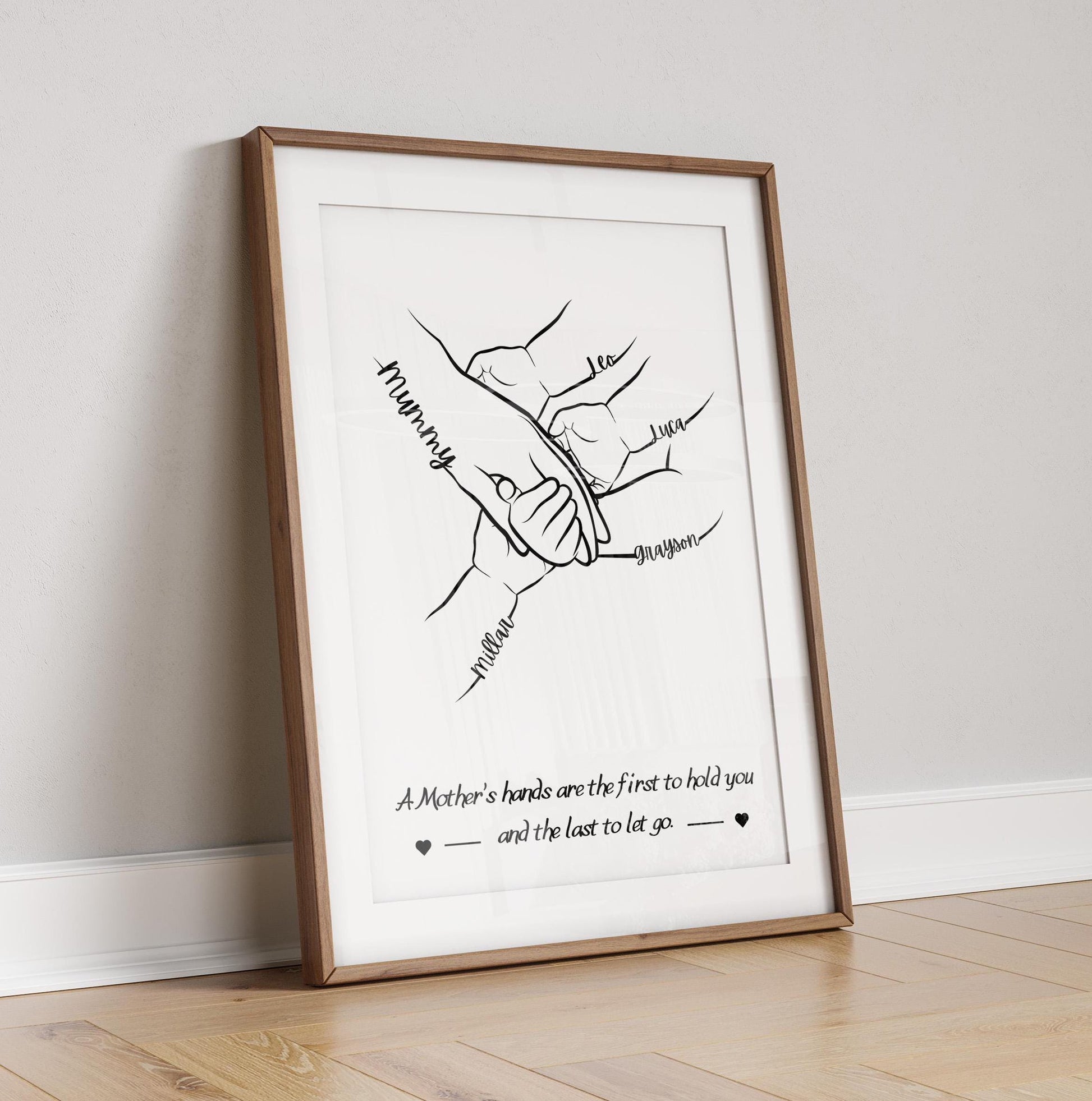 A line art illustration featuring a pair of hands, one labeled &quot;Mum, Mummy, Muma etc&quot; and the other labeled with the name of a child. The hands are gently holding each other, symbolizing love and care. Below the hands, a quote reads: &quot;A Mother’s hands are the first to hold you and the last to let go.&quot;