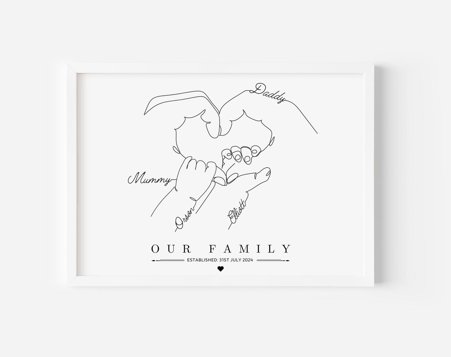 Personalised Family Hands Gift Print, Custom Minimalist Hands Line Art, 1 to 3 Children Hands and Dog Paw, Newborn Baby Print, Parents Gift