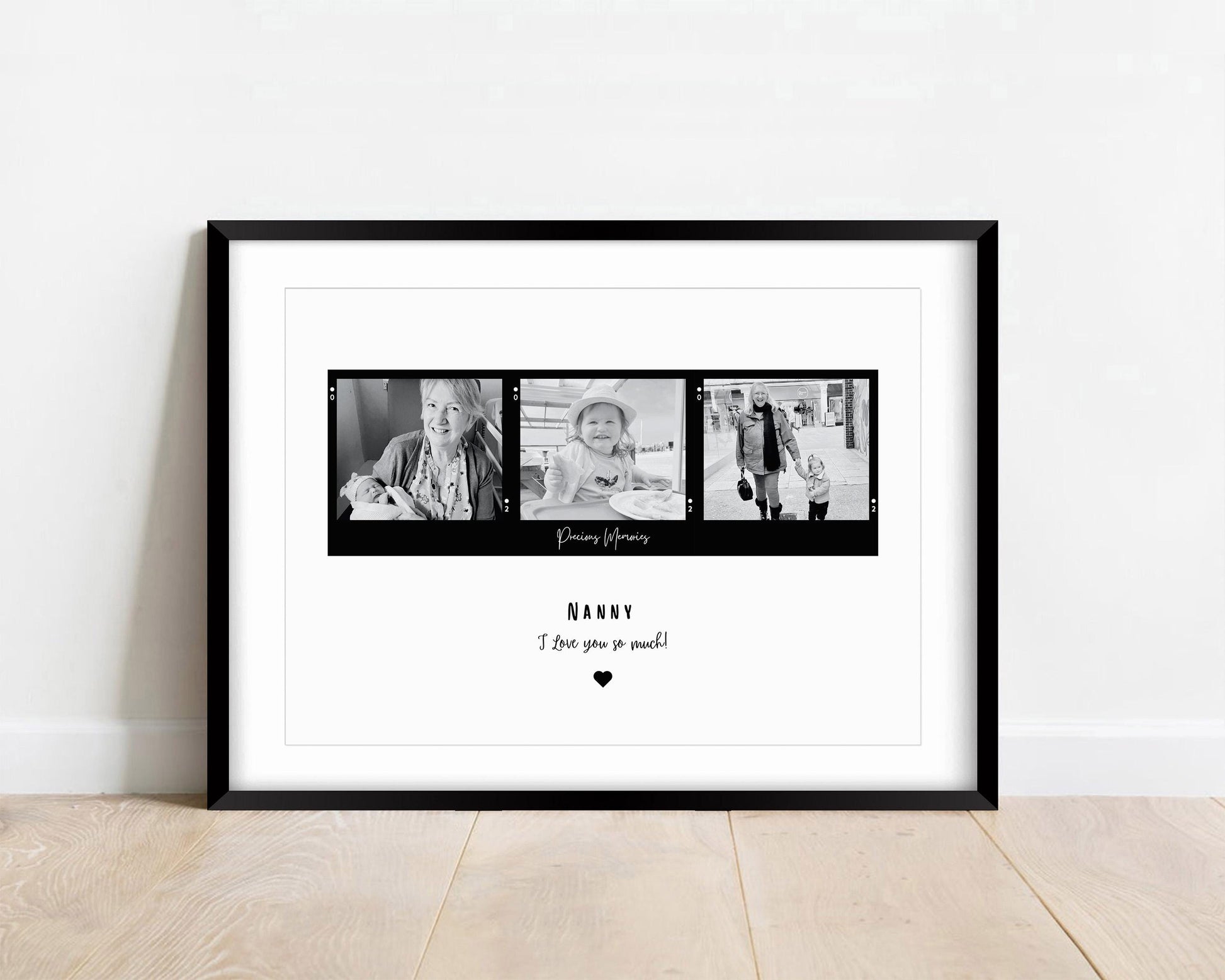 Personalized &#39;Nana&#39; frame with a customizable title, featuring three Polaroid-style photos in color or black and white. Available with an optional black or white frame. A heartfelt quote is displayed underneath, making it a perfect sentimental gift.