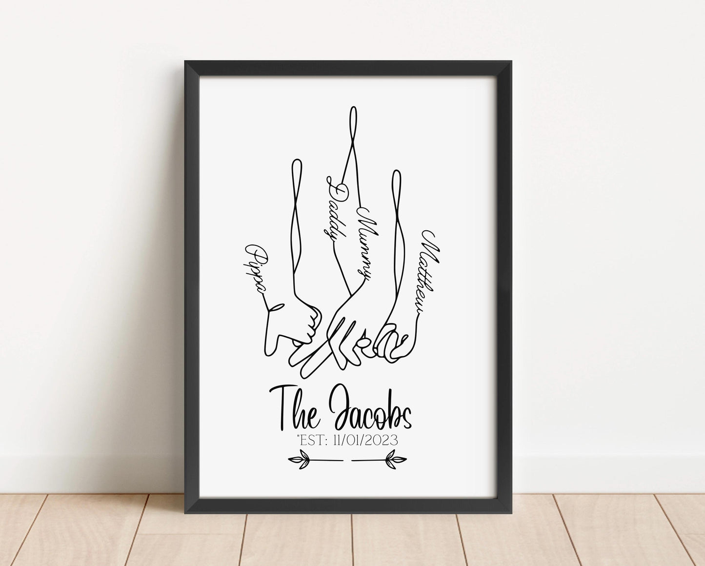 Personalised Family Hand Holding Line Art, Custom Family Name Print, Minimalist Wall Art, Family Established Sign, Custom Home Decor