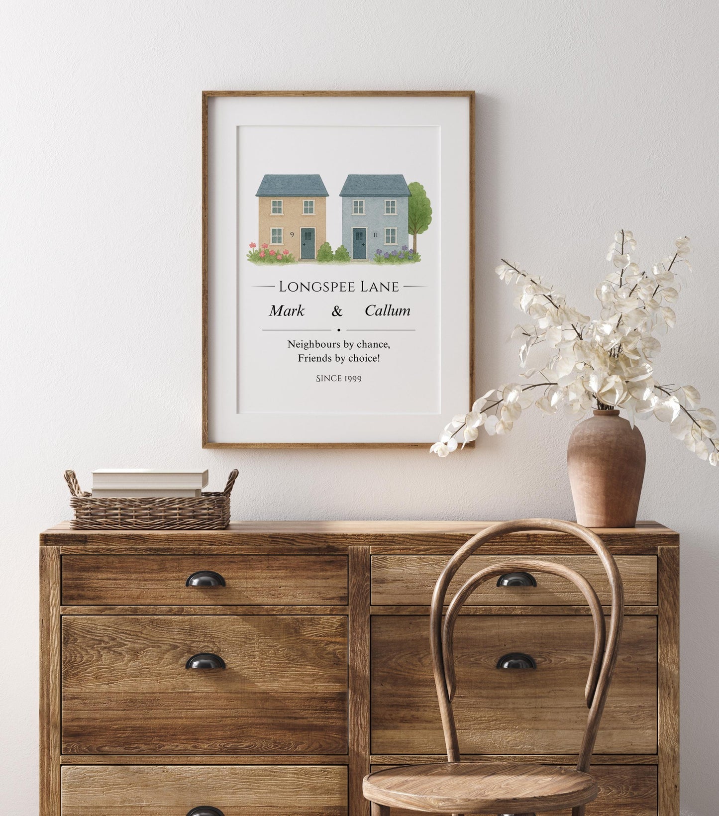 Personalised neighbours gift print featuring two watercolour-style houses side by side, with the neighbours’ names, their shared street name, and the quote ‘Neighbours by chance, friends by choice’ elegantly displayed.