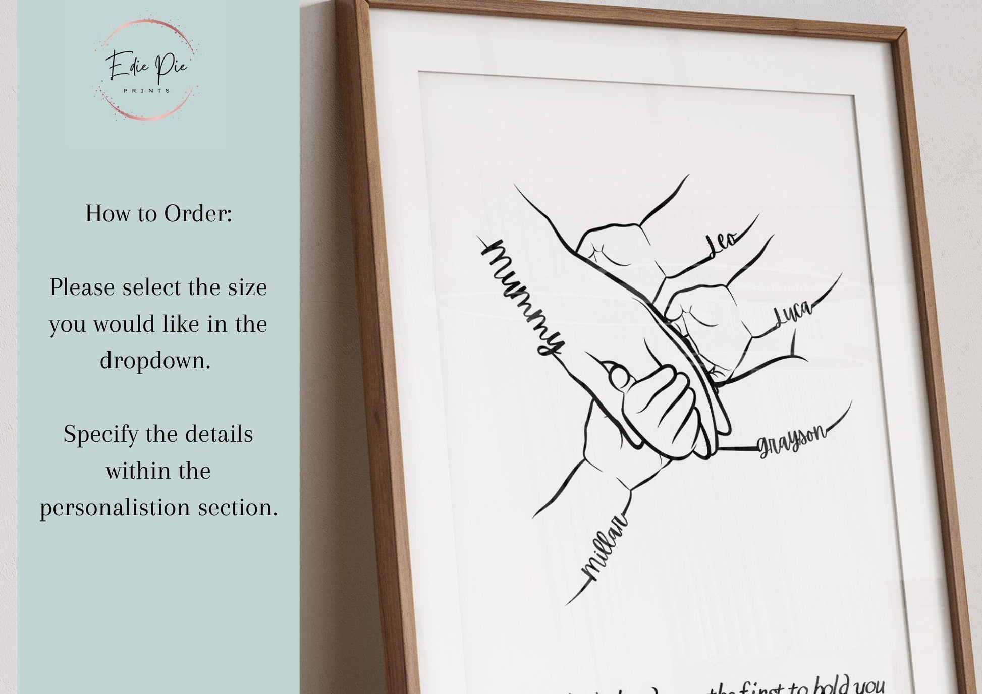A line art illustration featuring a pair of hands, one labeled &quot;Mum, Mummy, Muma etc&quot; and the other labeled with the name of a child. The hands are gently holding each other, symbolizing love and care. Below the hands, a quote reads: &quot;A Mother’s hands are the first to hold you and the last to let go.&quot;