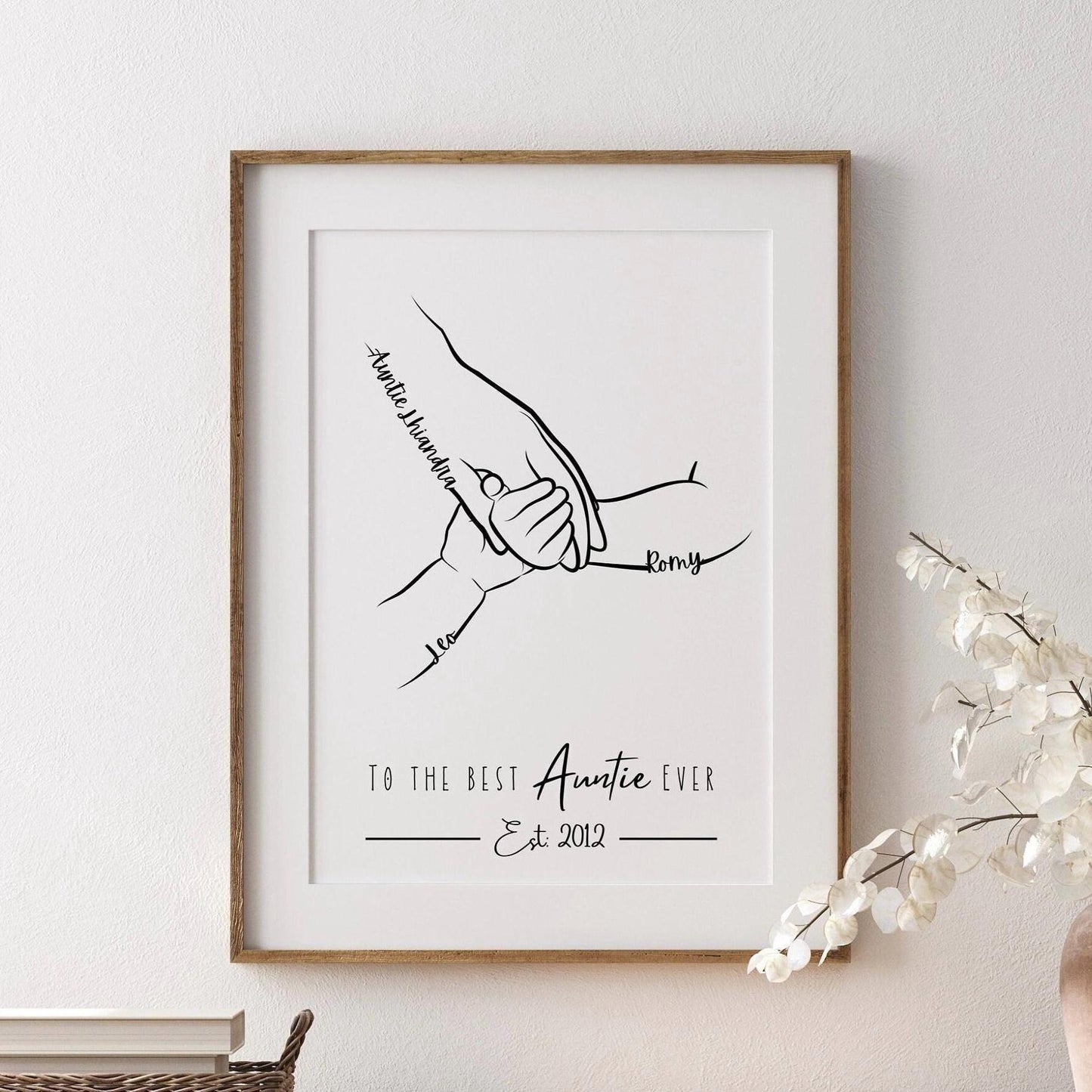 Custom Auntie Hands Print, Birthday Gift for Aunty from Nephew Niece, 1 to 4 Child Hands, Minimalist Line Art, Aunt Family Hands Keepsake