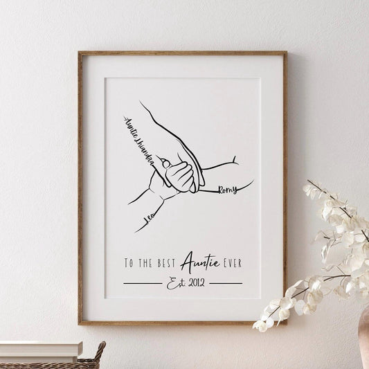 Custom Auntie Hands Print, Birthday Gift for Aunty from Nephew Niece, 1 to 4 Child Hands, Minimalist Line Art, Aunt Family Hands Keepsake