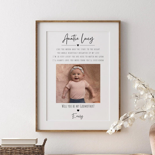 A framed print featuring a photo, surrounded by a heartfelt design. Above the photo is a touching quote:

&quot;Like the moon and the stars to the night, you wholeheartedly brighten up my life. I’m so very lucky you are here to watch me grow. I’ll always love you more than you’ll ever know.&quot;
Below the photo is the question, &quot;Will you be my Godmother?&quot; followed by a name in script. The print is set in a wooden frame, styled with neutral, modern decor, creating a warm and sentimental display.