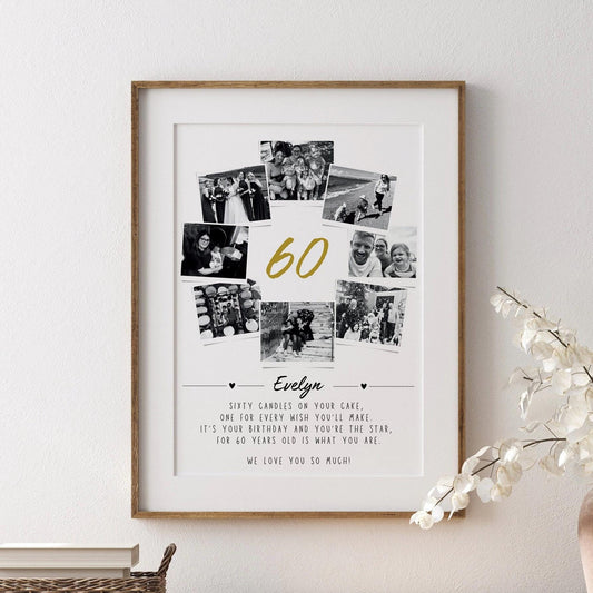 Personalised 60th Birthday Photo Collage | 60th Birthday Gift | Sixty Years Wall Art | Polaroid Photo Frame | Unique Milestone Birthday
