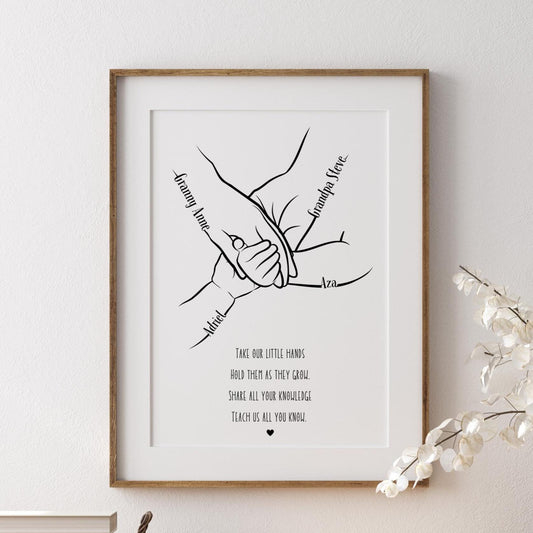 Personalised Grandparent Hands Print, Minimalist Family Line Art, Nana Grandad and Children Hands Gift