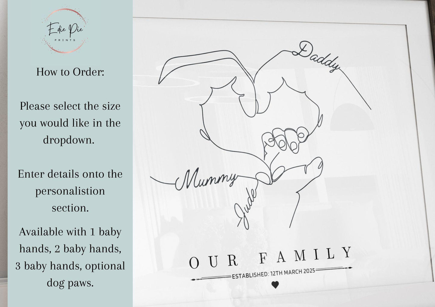 Personalised Family Hands Gift Print, Custom Minimalist Hands Line Art, 1 to 3 Children Hands and Dog Paw, Newborn Baby Print, Parents Gift