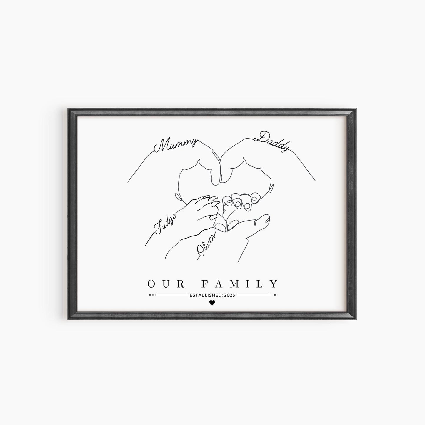 Personalised Family Hands Gift Print, Custom Minimalist Hands Line Art, 1 to 3 Children Hands and Dog Paw, Newborn Baby Print, Parents Gift
