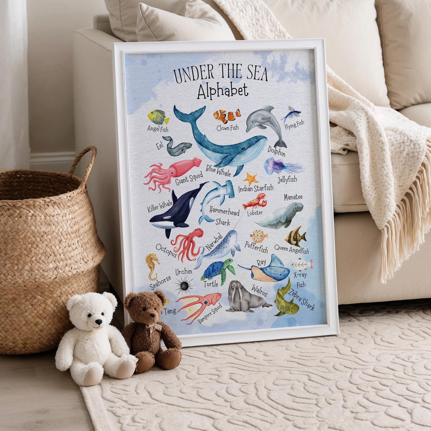 Personalised Ocean Nursery Art: Watercolor Sea Animal Prints, Coastal Kids Decor