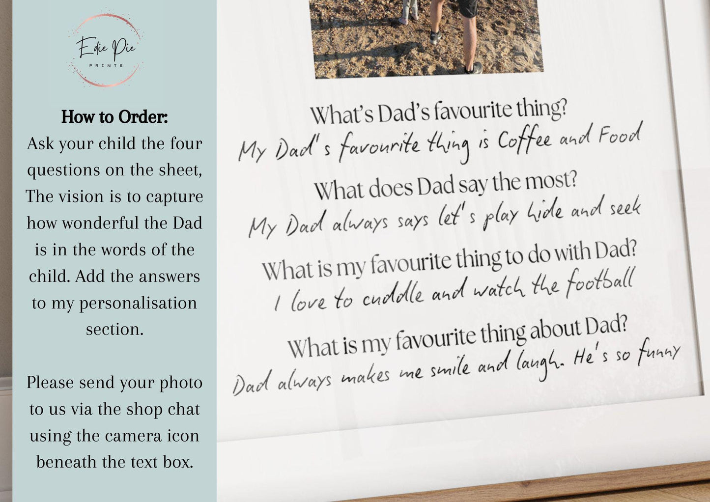 Personalized Father&#39;s Day print titled &#39;Dad in My Eyes&#39; featuring a child&#39;s name at the top, a central photo of the child and dad, and four heartfelt questions answered by the child: 1) What&#39;s Dad&#39;s favourite thing? 2) What does Dad say the most? 3) What is your favourite thing to do with Dad? 4) What is your favourite thing about Dad? A sentimental and custom keepsake gift celebrating the unique bond between father and child.