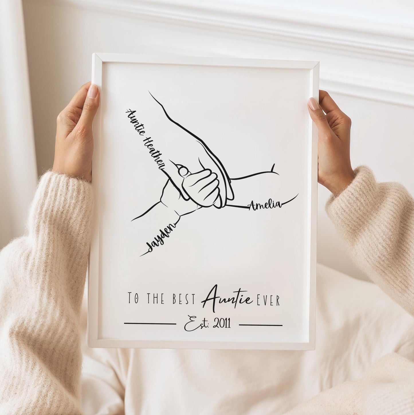 Custom Auntie Hands Print, Birthday Gift for Aunty from Nephew Niece, 1 to 4 Child Hands, Minimalist Line Art, Aunt Family Hands Keepsake