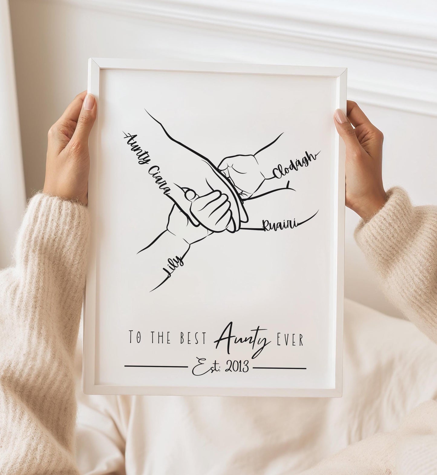 Custom Auntie Hands Print, Birthday Gift for Aunty from Nephew Niece, 1 to 4 Child Hands, Minimalist Line Art, Aunt Family Hands Keepsake