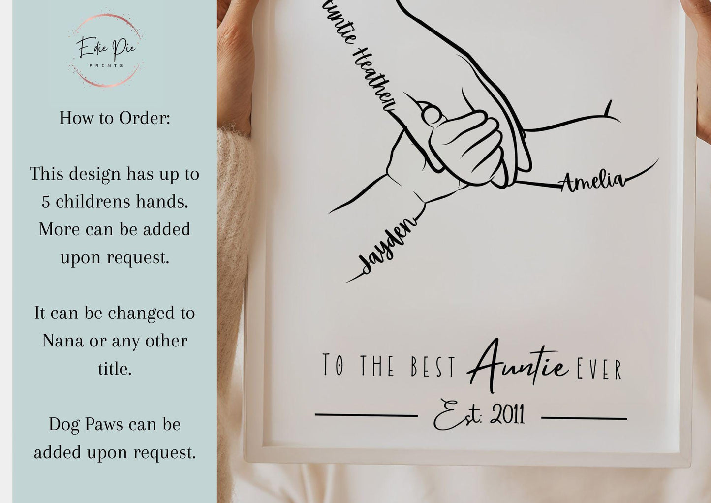 Custom Auntie Hands Print, Birthday Gift for Aunty from Nephew Niece, 1 to 4 Child Hands, Minimalist Line Art, Aunt Family Hands Keepsake