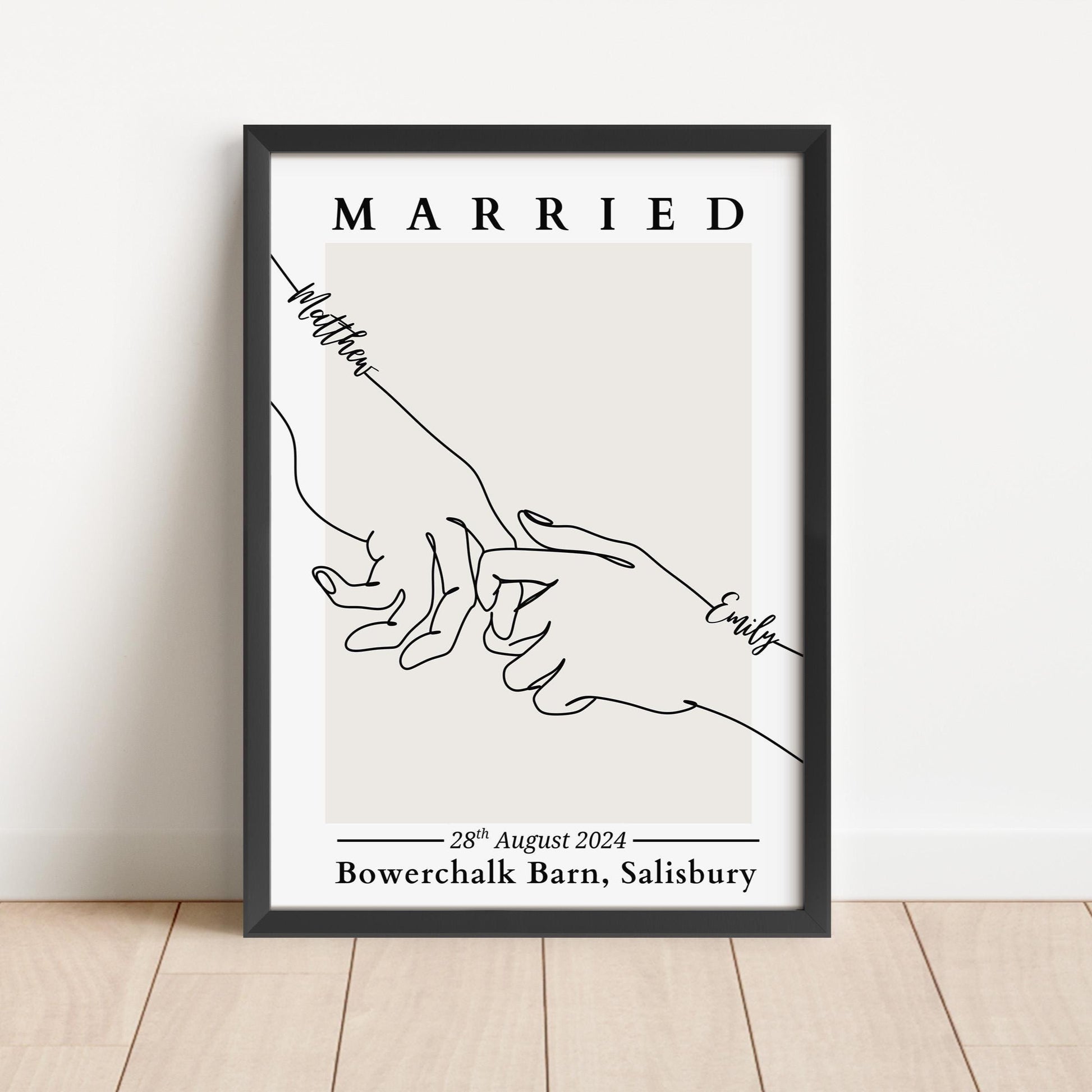 Stylish black and white line drawing of newlyweds, customized with personal details.