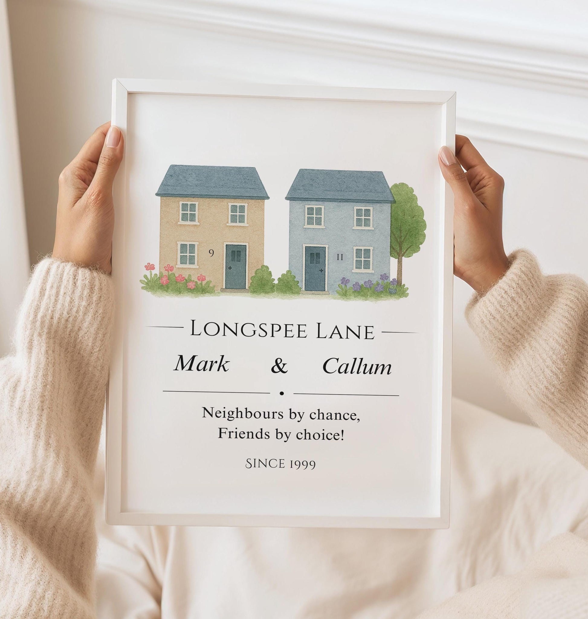 Personalised neighbours gift print featuring two watercolour-style houses side by side, with the neighbours’ names, their shared street name, and the quote ‘Neighbours by chance, friends by choice’ elegantly displayed.