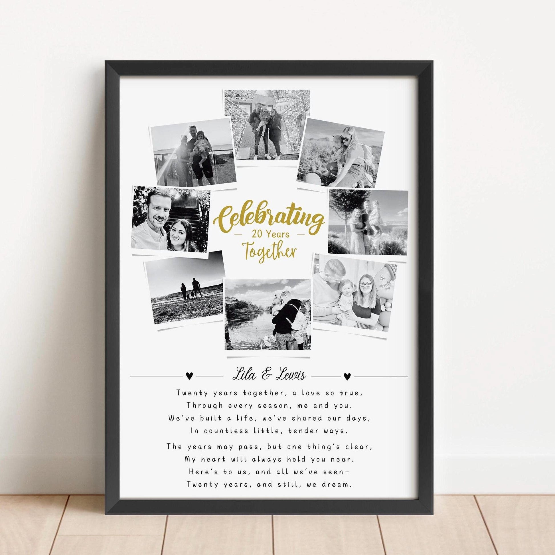 Personalised 20th Wedding Anniversary print featuring 8 photos, couple names, and a heartfelt quote. Custom design to celebrate two decades of love, perfect for a memorable anniversary gift.