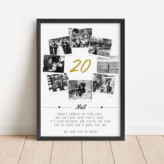Personalised 20th Birthday Photo Collage Print: Polaroid Style Decor