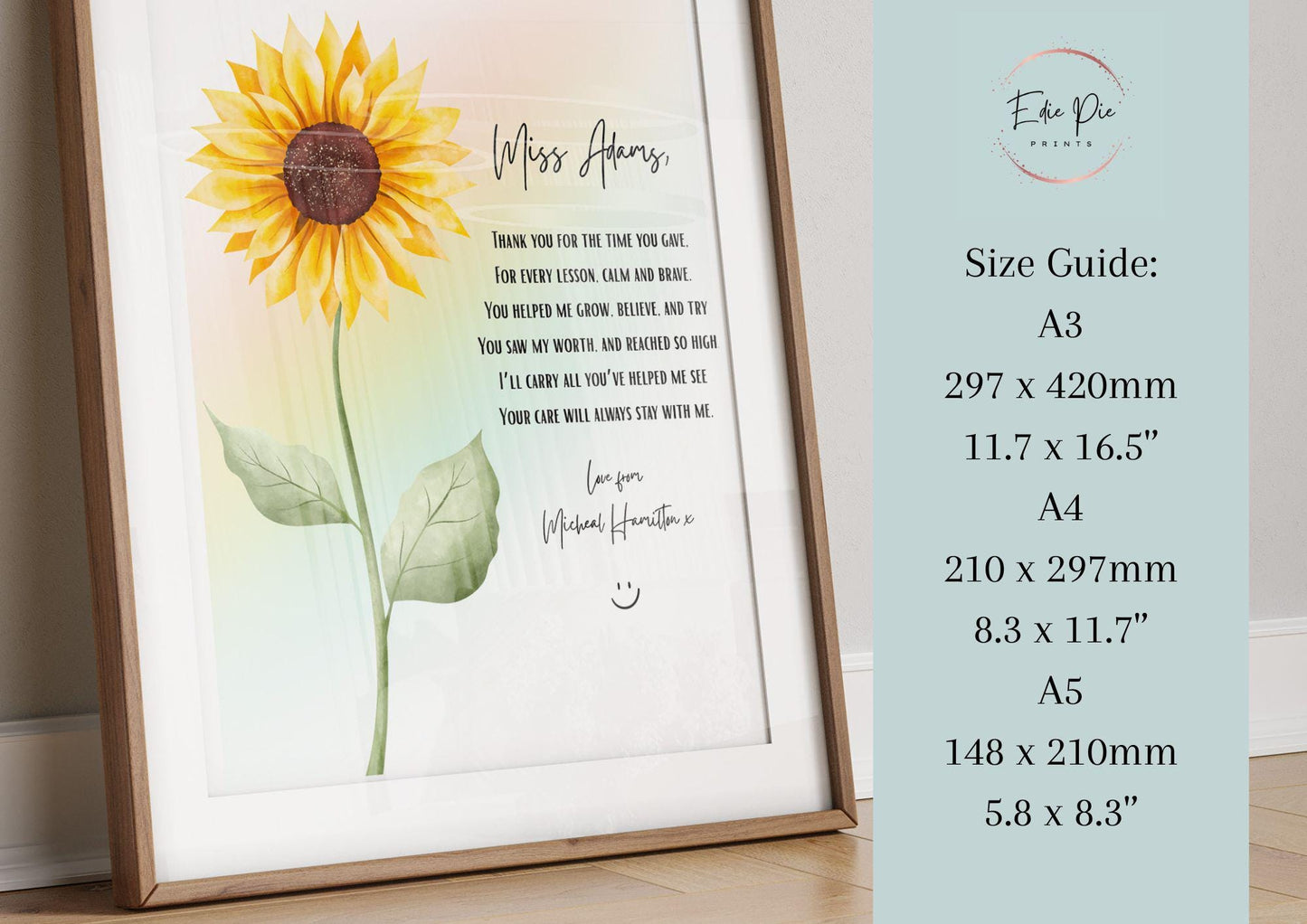 Personalised Teacher Gift, Sunflower & Rainbow Print, Nursery Keyworker Thank You, Custom End of Year Gift, Thank You Gift for Nursery Staff