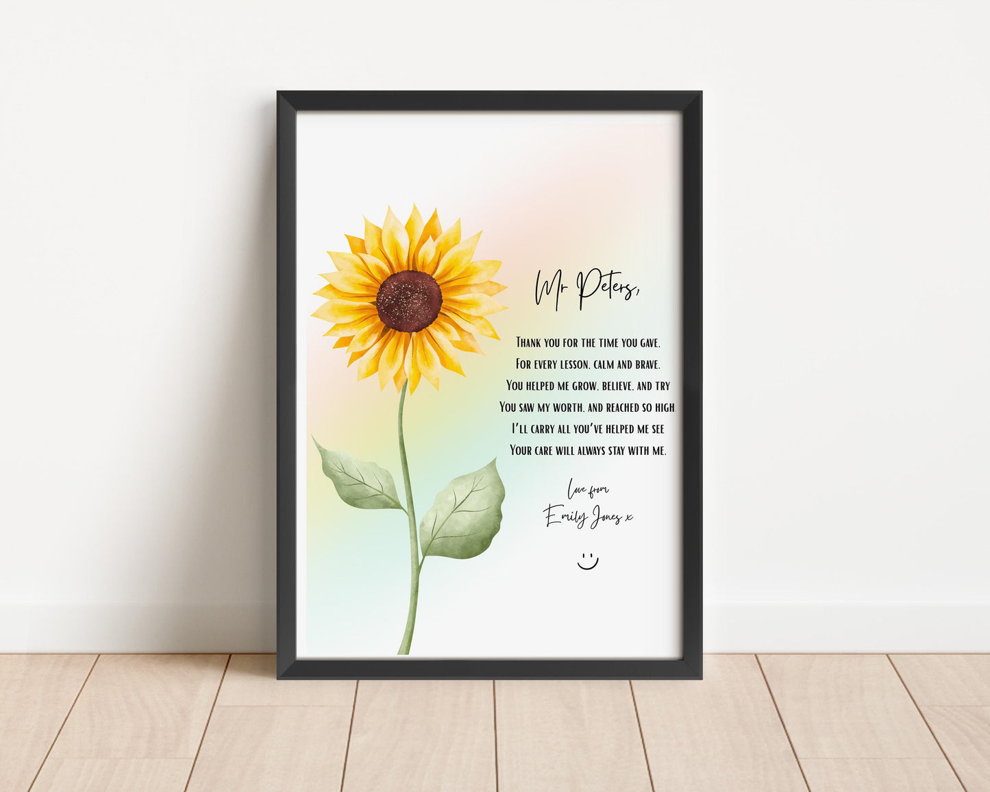 Personalised Teacher Gift, Sunflower & Rainbow Print, Nursery Keyworker Thank You, Custom End of Year Gift, Thank You Gift for Nursery Staff