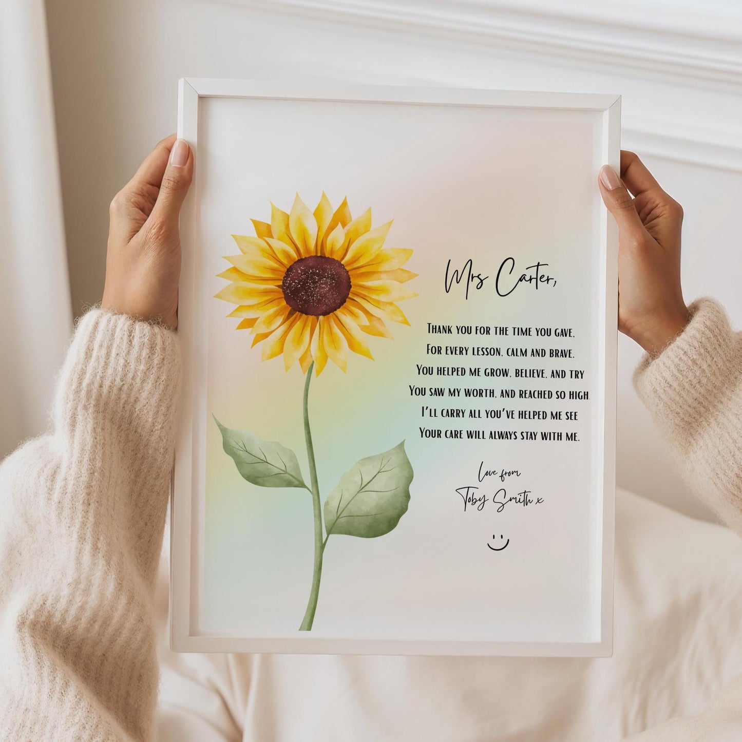 Personalised Teacher Gift, Sunflower & Rainbow Print, Nursery Keyworker Thank You, Custom End of Year Gift, Thank You Gift for Nursery Staff