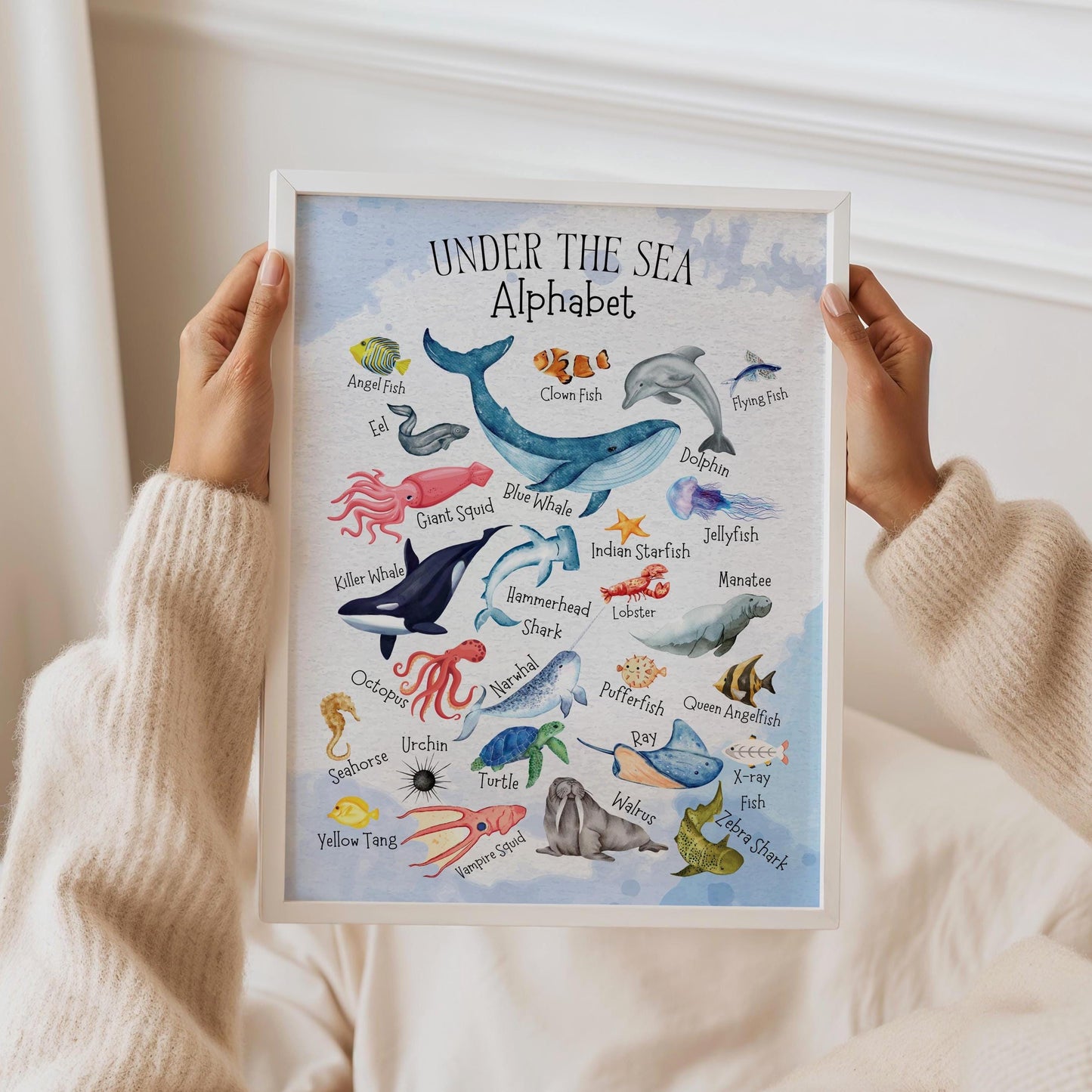 Ocean Alphabet Poster: Watercolour Sea Animals Nursery Art Print
