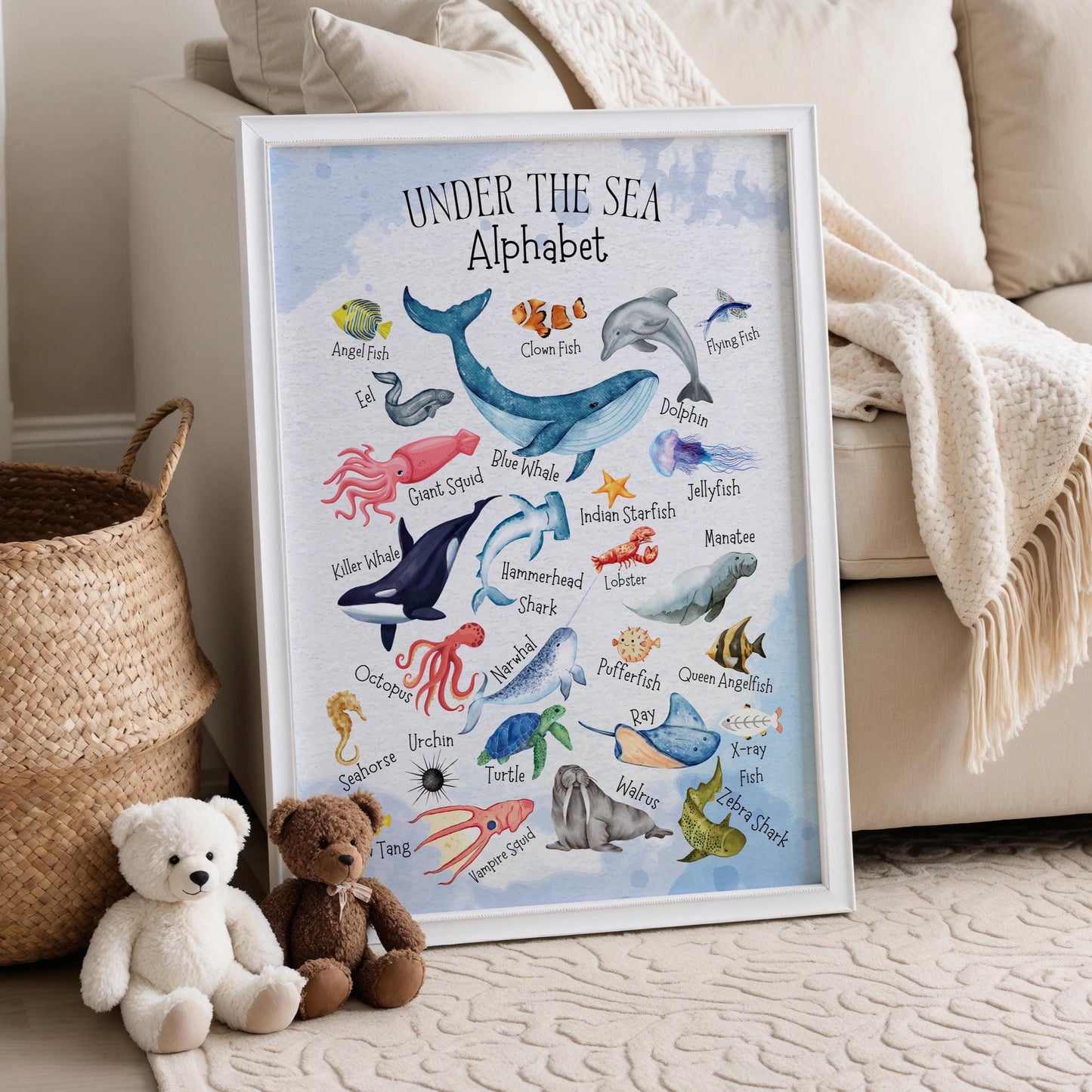Ocean Alphabet Poster: Watercolour Sea Animals Nursery Art Print