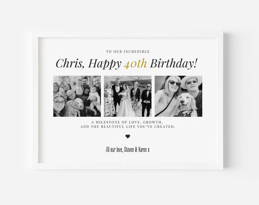 Personalised 40th Birthday Photo Gift, 40th Celebration Frame, 40th Milestone Photo Poster, Polaroid Style, Unique 40 Gift Daughter Son